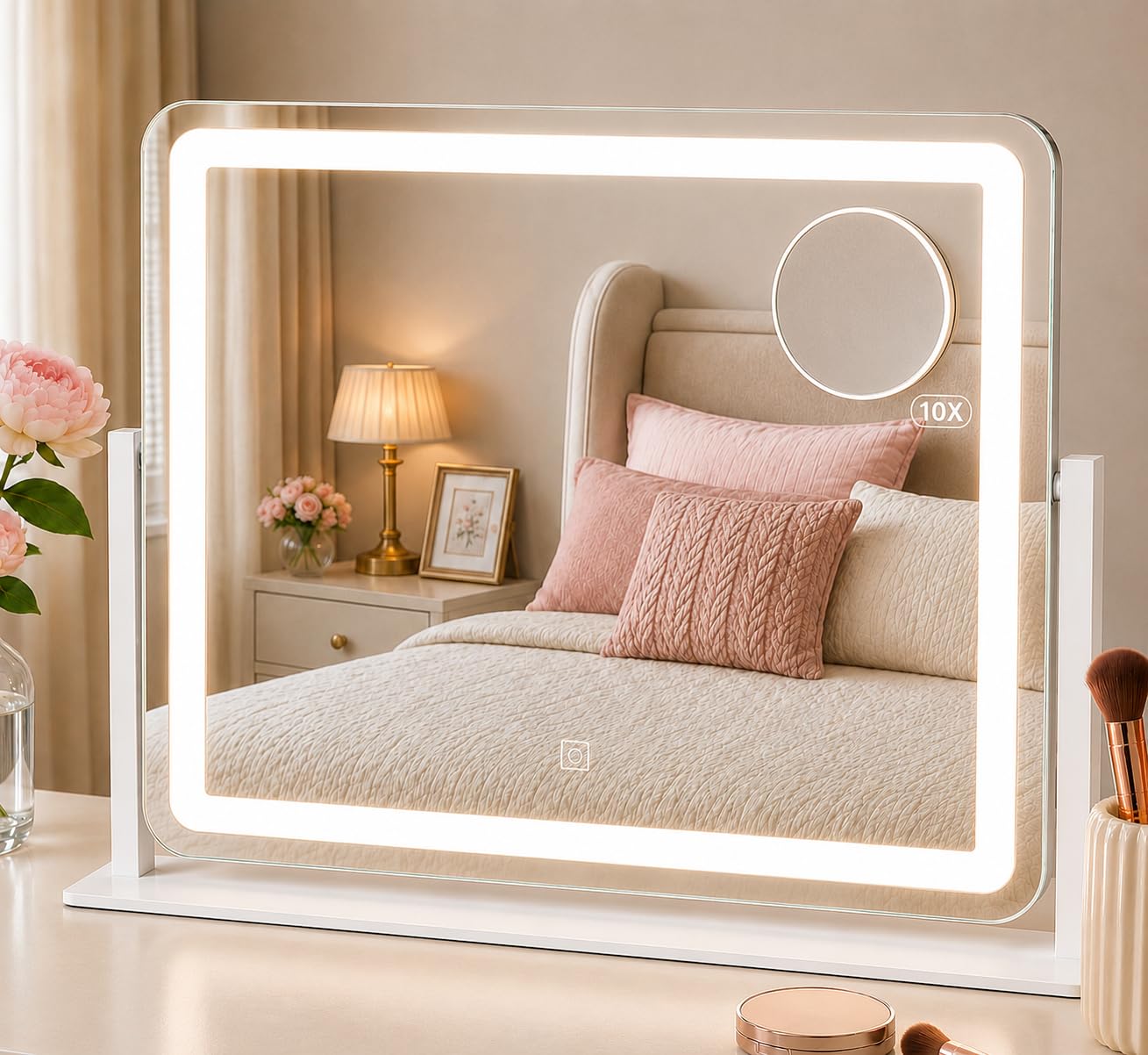 HNV 22"x17" Lighted Vanity Mirror, 3-Color Dimmable LED Makeup Mirror with Power Adapter, Sturdy Aluminum Frame 360° Rotating Desktop Mirror, White