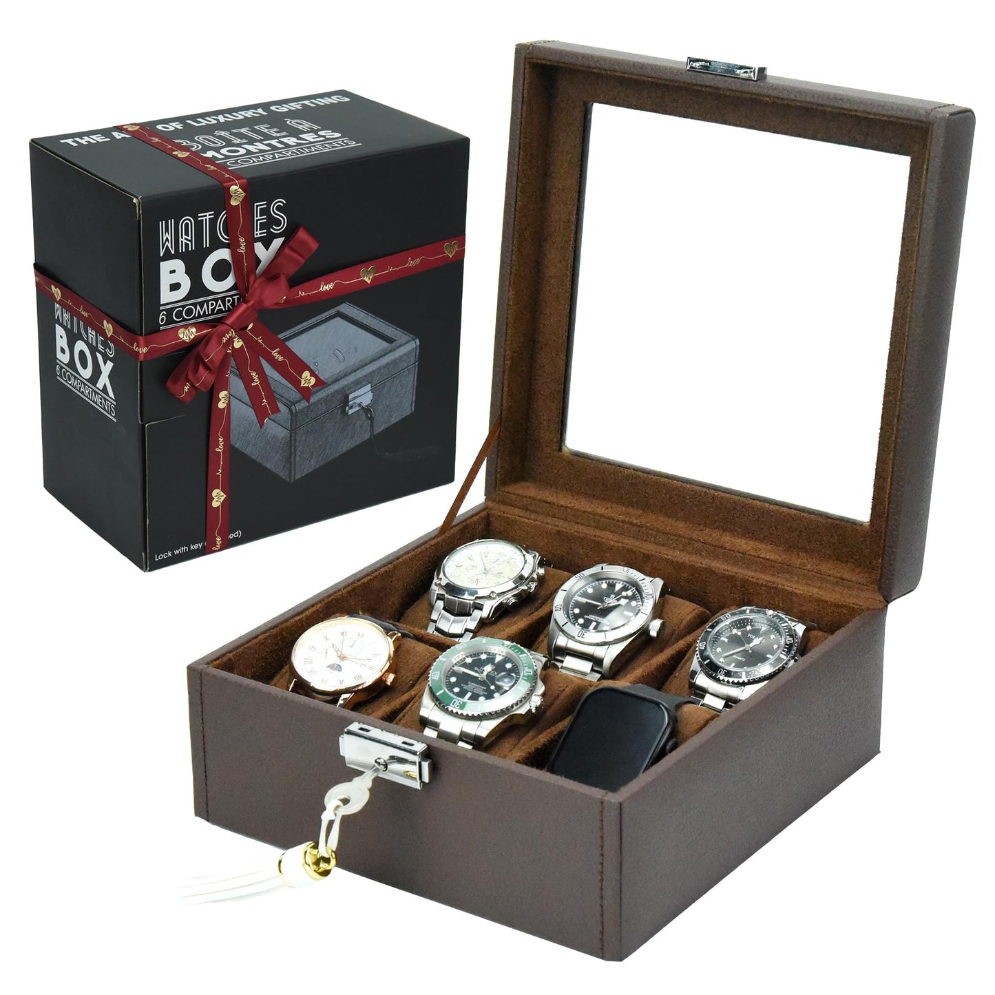 Hit design Watch Box Watch Cases for Men,6 Slot Brown Watch Case Organizer Storage Box,Leather Display Holder for Watches,Mens Watch Box for Collection,Anniversary Birthday Gift for Men Women