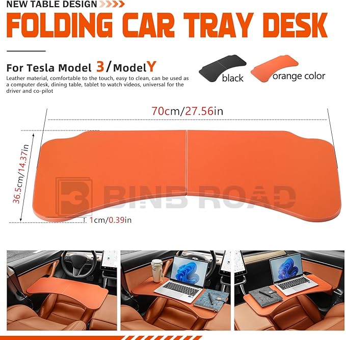 BINB ROAD Leather Tray Table Folding Car Table Compatible with Tesla Model 3 Y – Multi-Use Dining Tray & Laptop Stand, Fits Front Driver & Passenger Seats,Orange