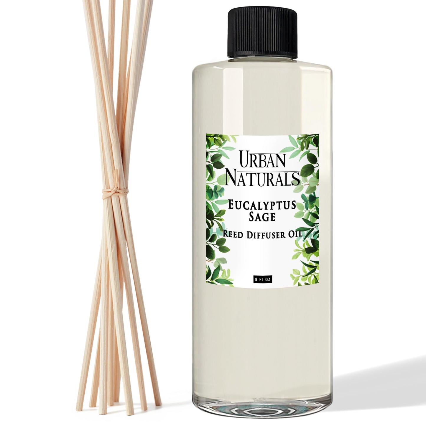Urban Naturals Reed Diffuser Oil Refill Eucalyptus Sage with Mint, Lime, Cedarwood 8 oz + Free Reed Sticks, Made in the USA
