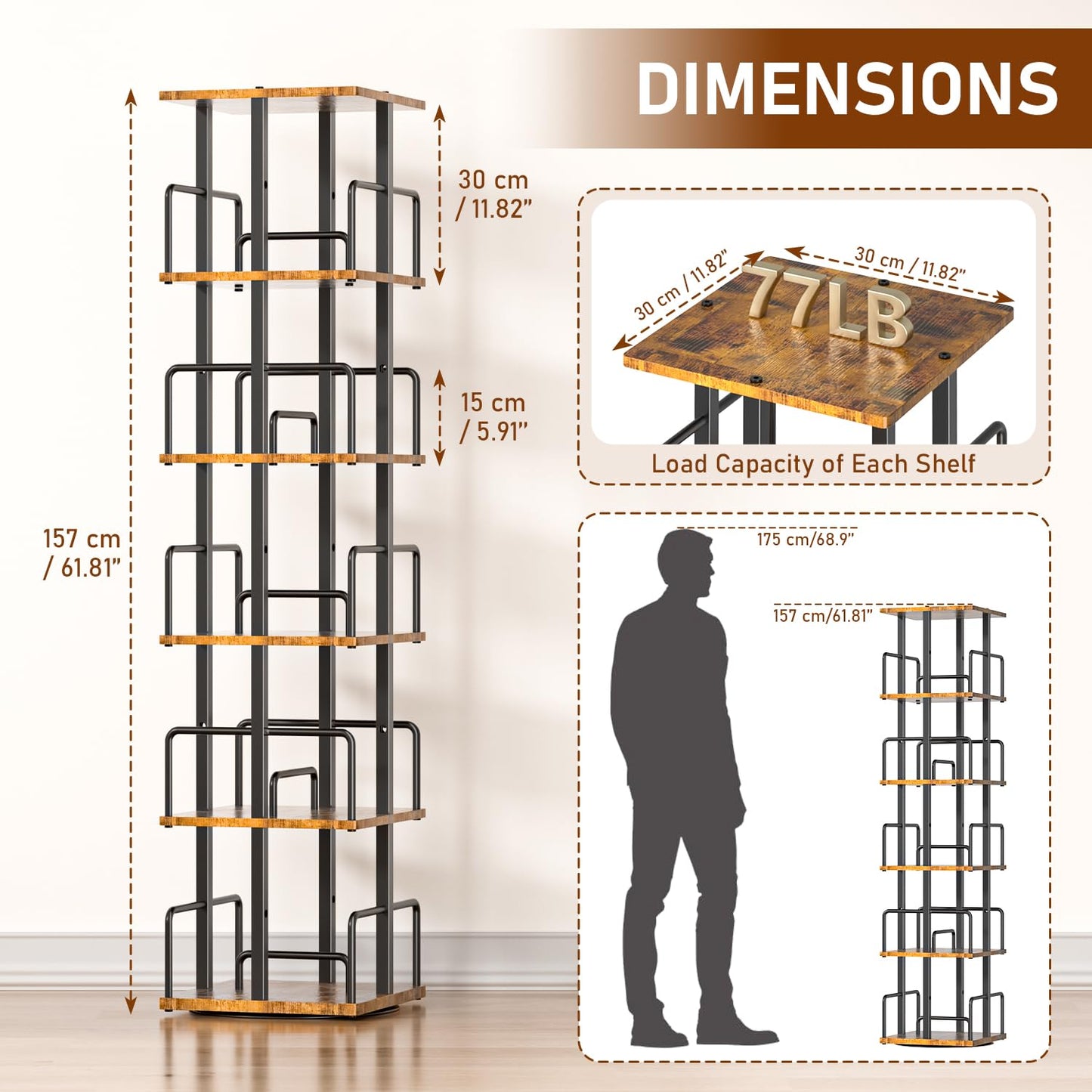5-Tier Rotating Bookshelf, 360° Spinning Corner Bookcase with Metal Guardrails, Freestanding Industrial Book Shelf Tower, Space Saving Display Rack for Living Room, Bedroom, Home Office, Rustic Brown