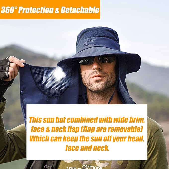Fishing Hat for Men & Women, Outdoor UV Sun Protection Wide Brim Hat with Face Cover & Neck Flap