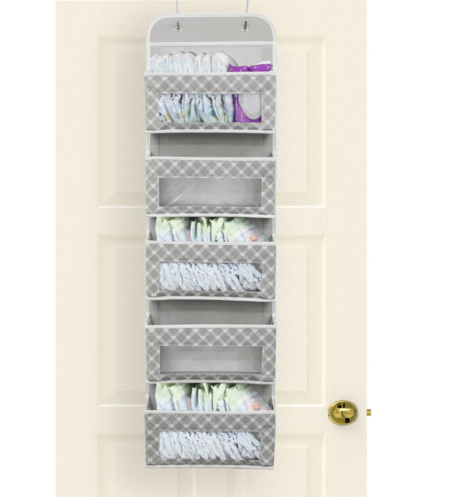 Simple Houseware 5 Clear Window Pocket Over Closet Door Storage Hanging Organizer for Bedroom, Bathroom, Pantry, Geometric Gray
