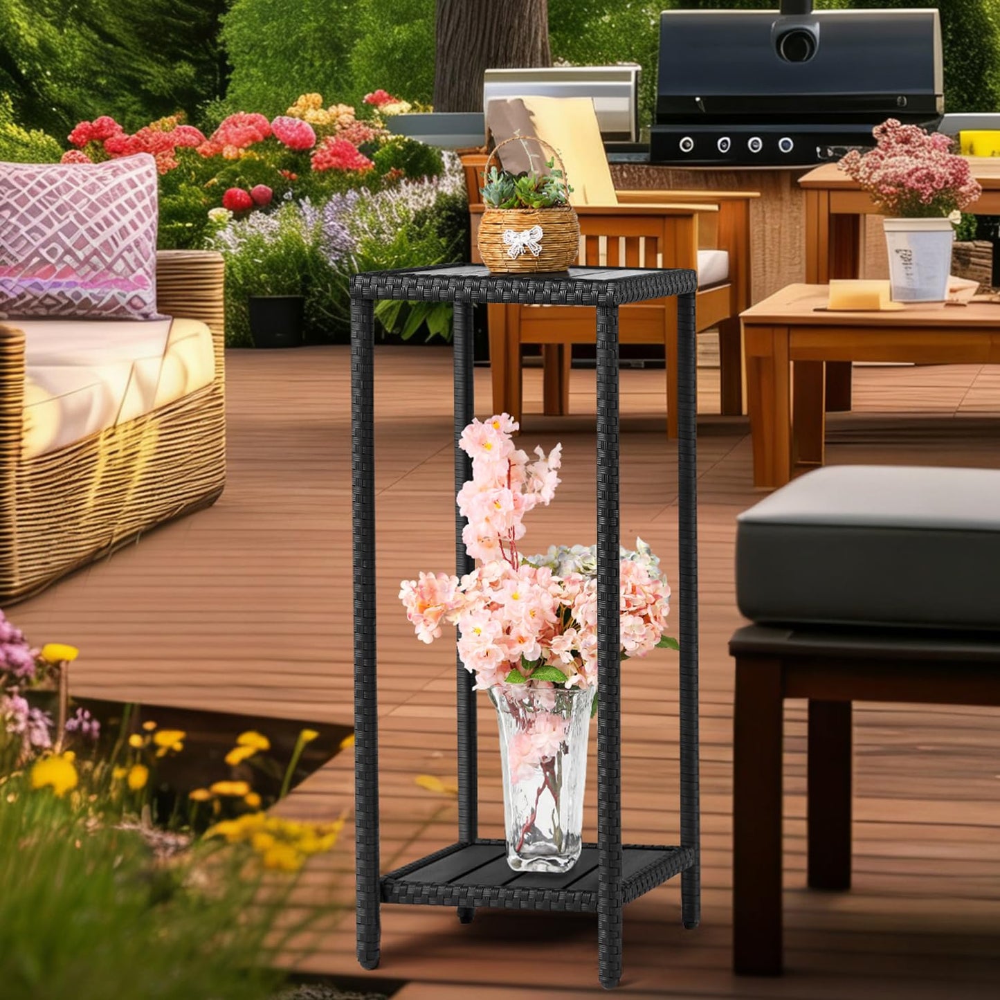 Outdoor Plant Stand for Patio 2 Tier Plant Stand Shelf with Wicker Poly Lumber Flower Pot Plant Stand Holder 31" Tall Corner Plant Display Rack with Adjustable Feet Heavy Duty for Balcony Garden Black