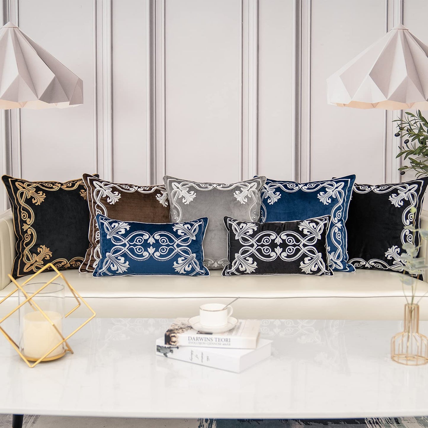 Aeckself European Floral Pillow Cover 12x20 Inch, Luxury Velvet Embroidered Decorative Lumbar Throw Pillow Cover for Couch Bedroom Living Room, Navy Blue and White