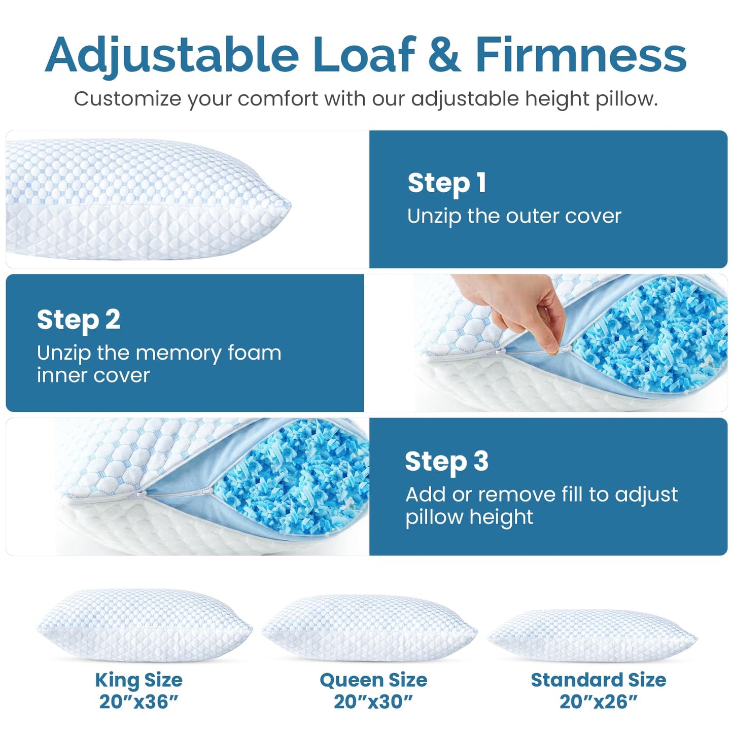 Cooling Memory Foam Queen Size Pillows 2 Pack: Adjustable firm Hotel Sleeping Pillows with Cool Removable Cover for Hot Sleepers. Perfect Support for Side Back Stomach Sleepers & Pain. Easy Wash