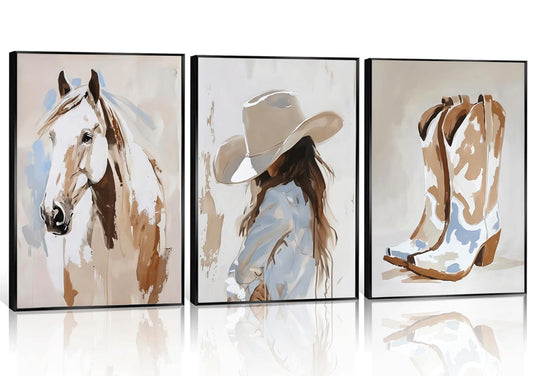 3Pcs Cowgirl Wall Art horse pictures wall decor cowboy boot Wall Decor Pictures western girls bedroom Canvas Posters Printsfor Room Bedroom Dorm Home Decoration 12x16in Unframed
