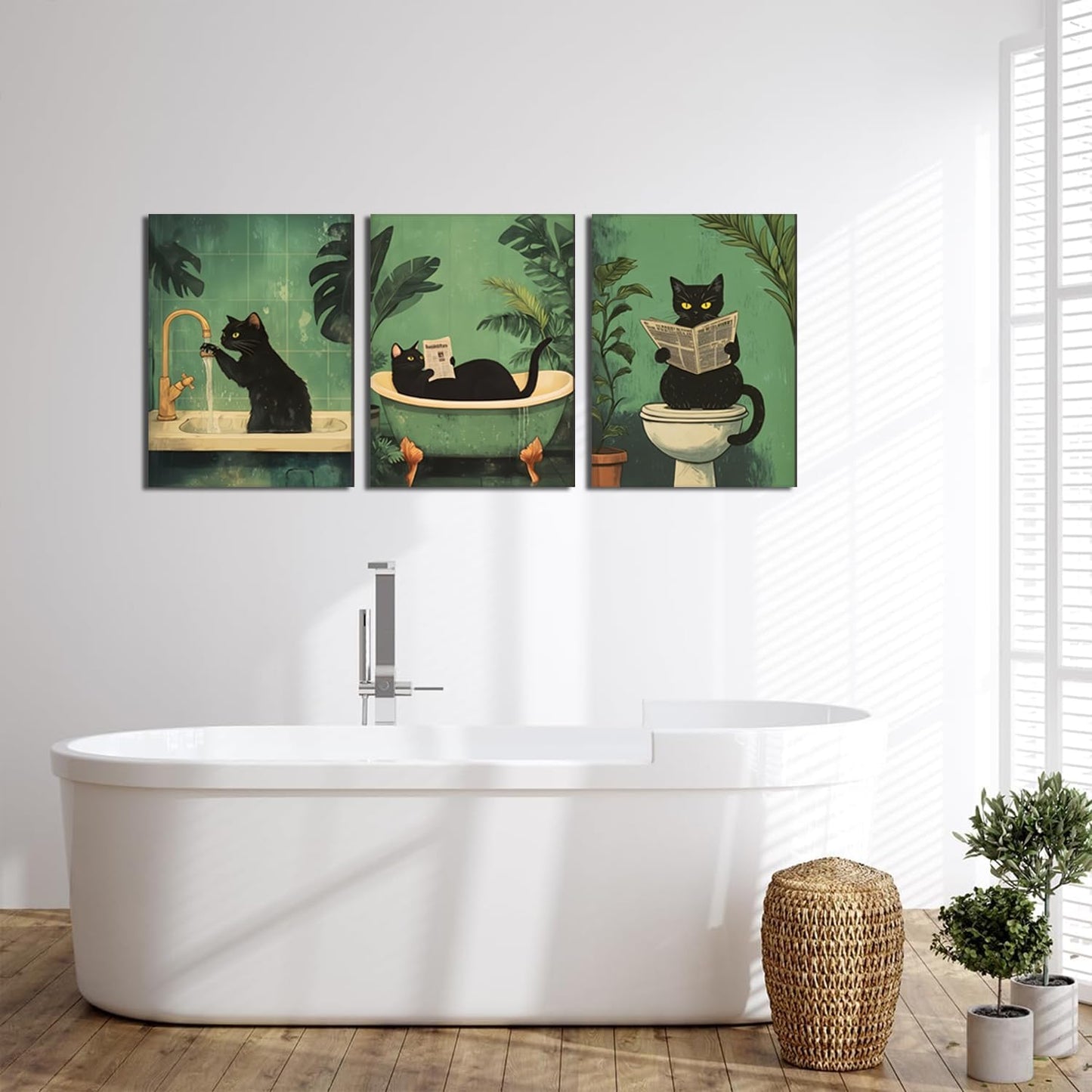 Funny Bathroom Black Cat Wall Art Set of 3, Whimsical Animal Bathroom Wall Decor Painting Maximalist Quirky Dark Pet Cat Toilet Canvas Poster Prints Aesthetics, Framed 12x16 inch