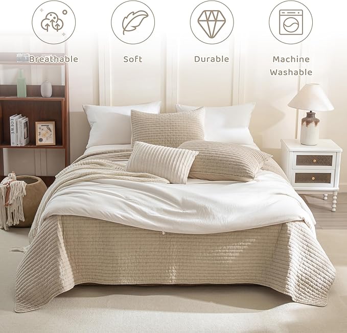 Sanracie Stonewashed Cotton Coverlet Queen Size(90"x98"), Ultra Soft Dark Wheat Color Crinkle Quilt Bedding Set 3Pcs Cross Stitch Pattern Lightweight Breathable Bedspread Set for All Season
