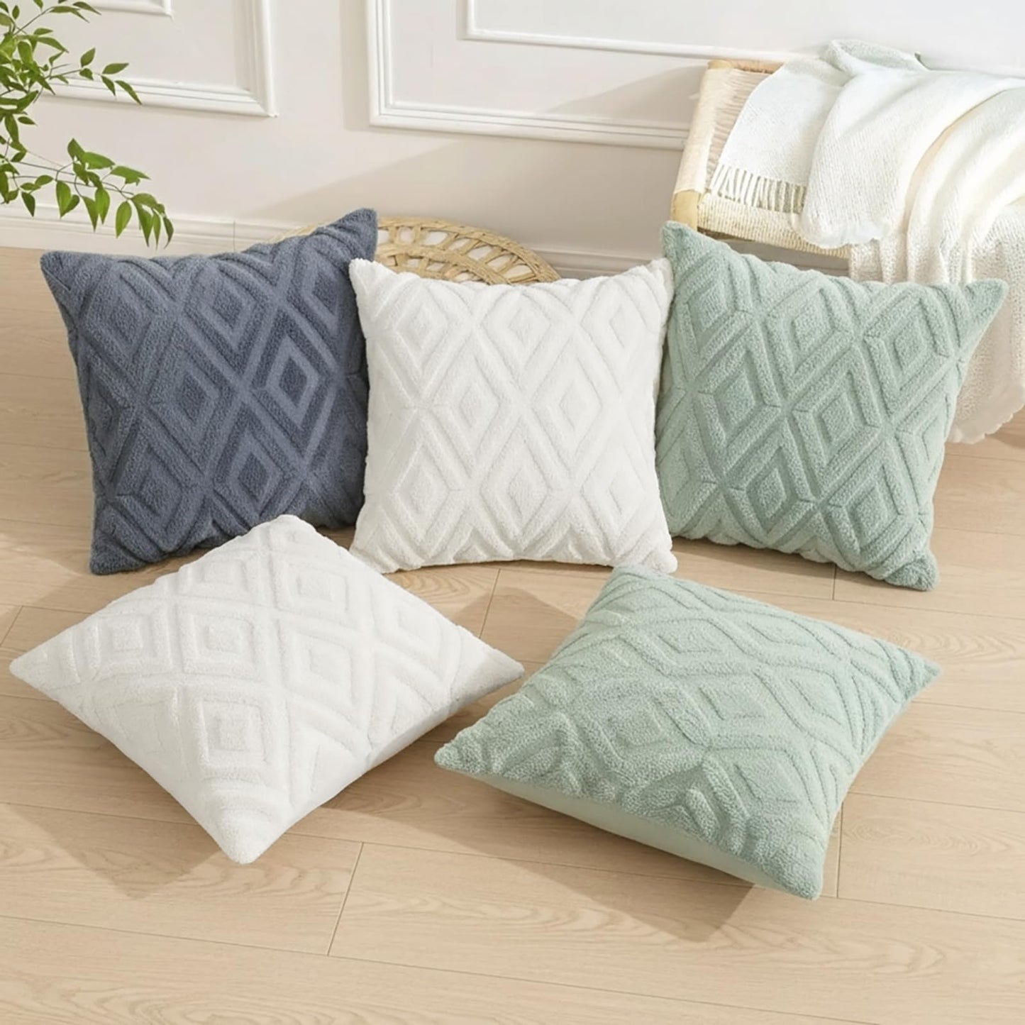 Pallene Summer Cream White Euro Sham Throw Pillow Covers 22x22 Set of 2, Soft Plush Faux Fur Decorative Couch Pillow Covers for Sofa Bed Living Room Pillow Cases with 3D Diamond Pattern