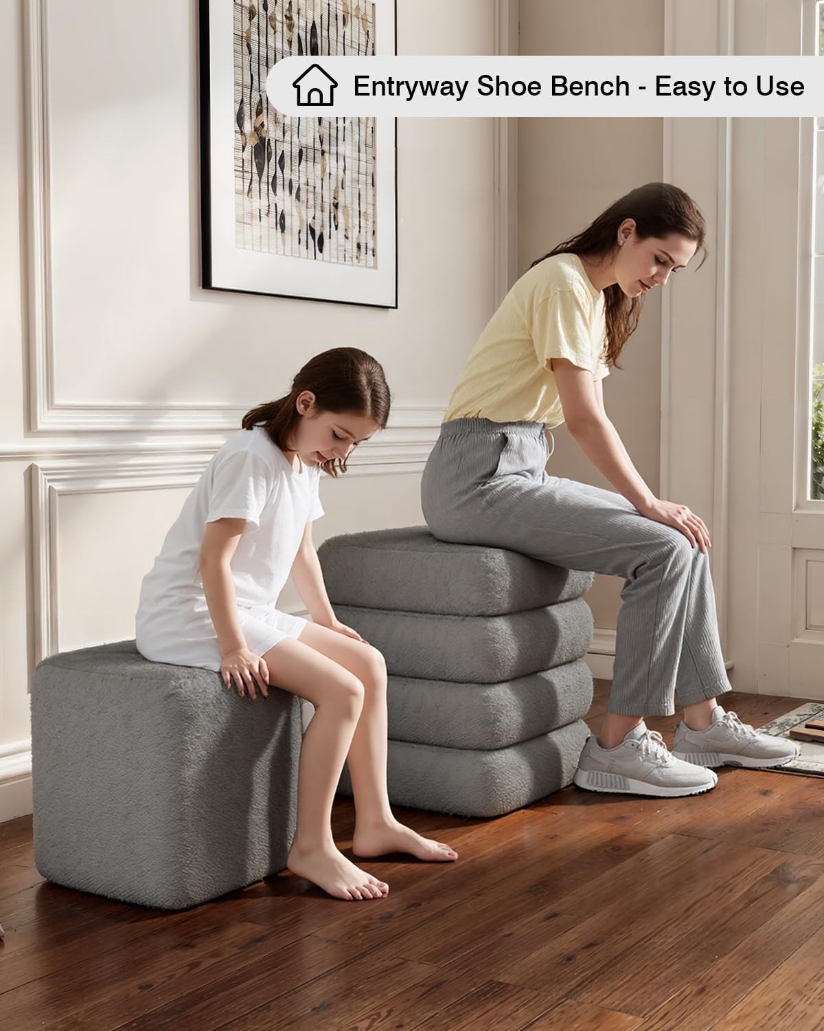 ABHENG Square Set of 2 Sherpa Storage Ottoman Stool with Removeable lid,Load up to 440 lbs Footstool, Boucle Vanity Stool for Livingroom Bedroom Gray UASND69G