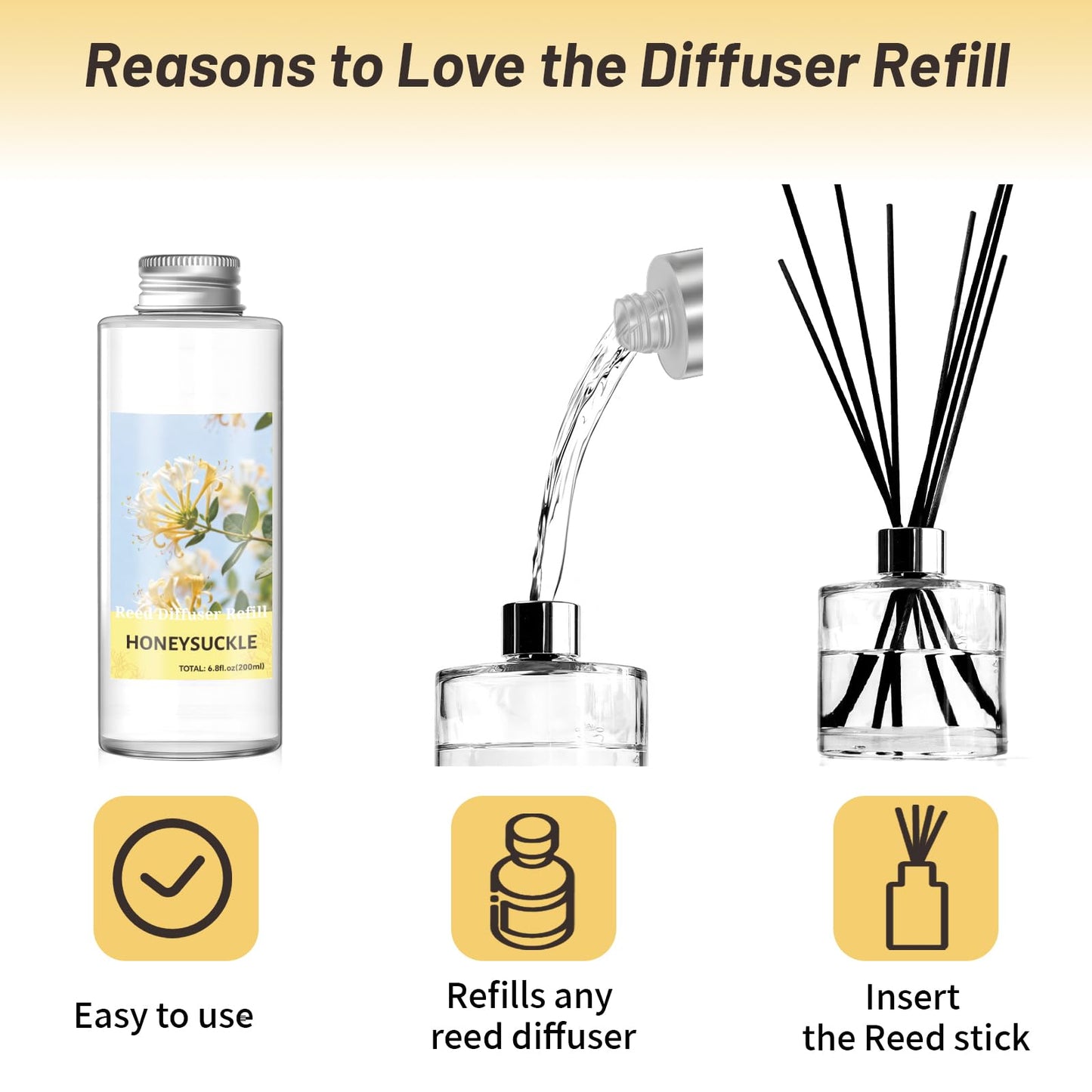 STRN Reed Diffuser Oil Refill, Honeysuckle Scented Diffuser Oil Refills with 6 Reed Sticks 200ML(6.8fl.oz), Room Fresheners for Home, Long-Lasting Summer Fragrance for Living Room, Bedroom, Office