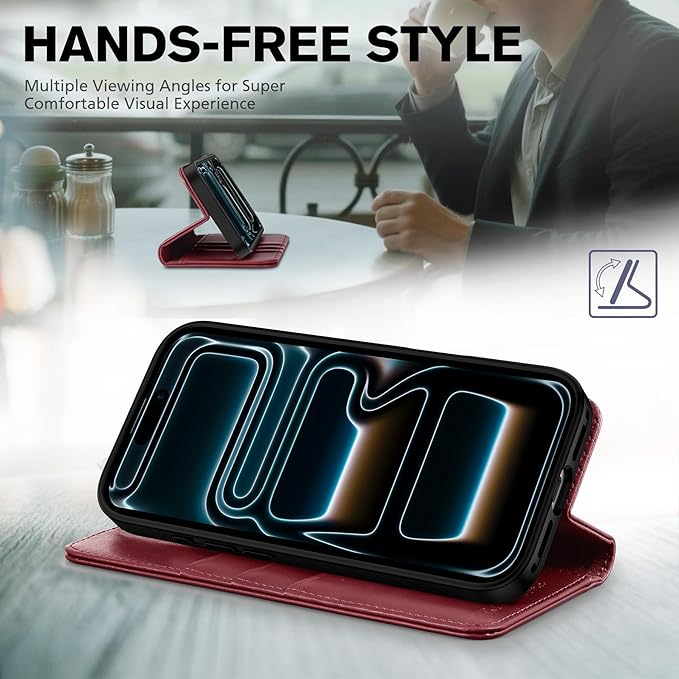 TUCCH Wallet Case for iPhone 17 Pro Max (6.9") 2025, 3 Credit Card Slot | RFID Blocking | Stand | PU Leather | Protective Flip Folio Cover | Shockproof TPU Interior Shell | Deep Red