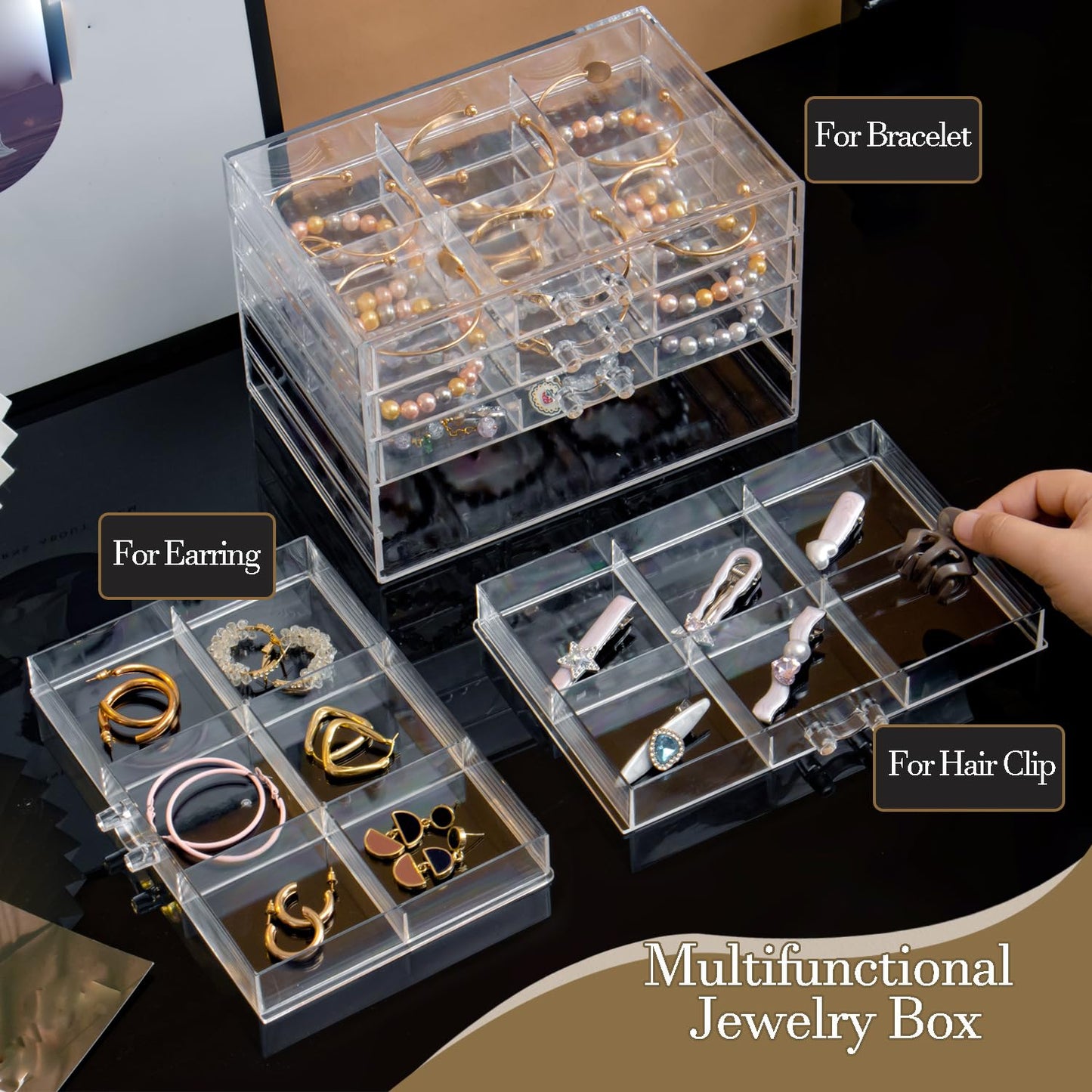 SPAKOWN Earring Organizer, Acrylic Earring Box Large 30 Compartments Jewelry Holder Organizer with 5 Drawers Stackable Earring Bracelet Storage Case Jewelry Boxes for Women (Clear)