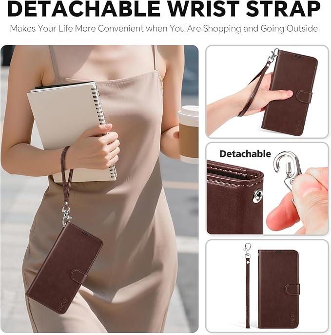 TUCCH 2-in-1 Detachable Wallet Case for iPhone 17 Pro Max (6.9-inch) 2025, Wireless Charging | RFID Blocking 4 Card Holders | Wrist Strap | Kickstand | Magnetic | PU Leather Cover | Chocolate Brown