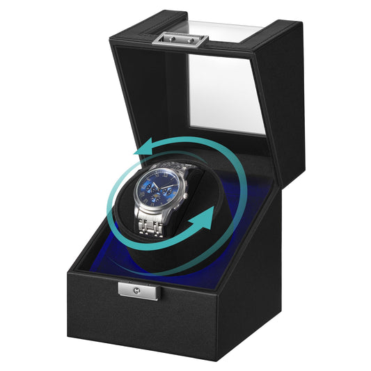 SONGMICS Automatic Single Watch Winder Box with Quiet Motor, for Automatic Watches, with LED Light, Adjustable Pillow, Lock, 4 Winding Settings, Fathers Day Gift for Dad, Black UJWB030B01