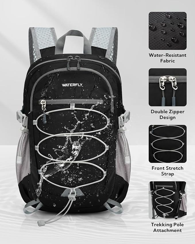 WATERFLY Small Lightweight Packable Backpack: 15L Mini Ultra Light Foldable Travel Daypack with Breathable Shoulder Strap Outdoor Hiking Camping Day Pack for Women Men Black