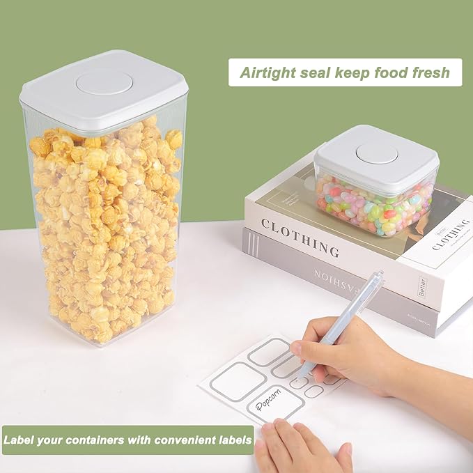 Kahyeets Airtight Food Storage Containers with Lids Airtight Pop Up Containers with Labels Pasta Organizer for Kitchen Pantry Cereal Snack Flour Sugar Coffee, 2700ml / 2.85qt