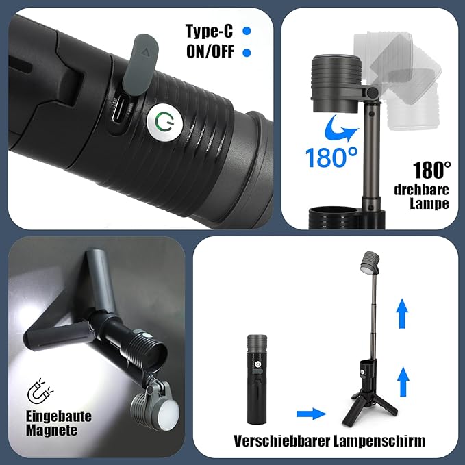 Telescopic Camping Lights, Portable Rechargeable Flashlight with SOS Mode, Magnetic Handheld LED Flashlights for Home Emergencies Camping