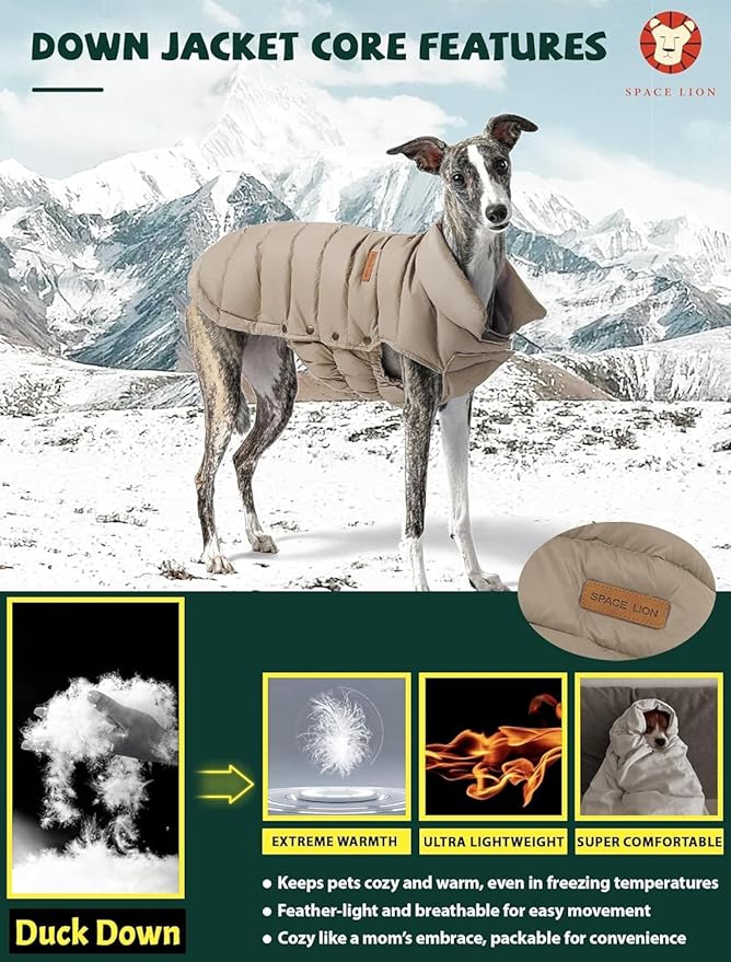 SPACE LION Dog Puffer Jacket, Down Winter Coat, Durable Outdoor Coat for Cold and Windy Conditions, Lightweight & Adjustable Fit Coats for Small Dogs, (Camel, Size 10 Gift Box)