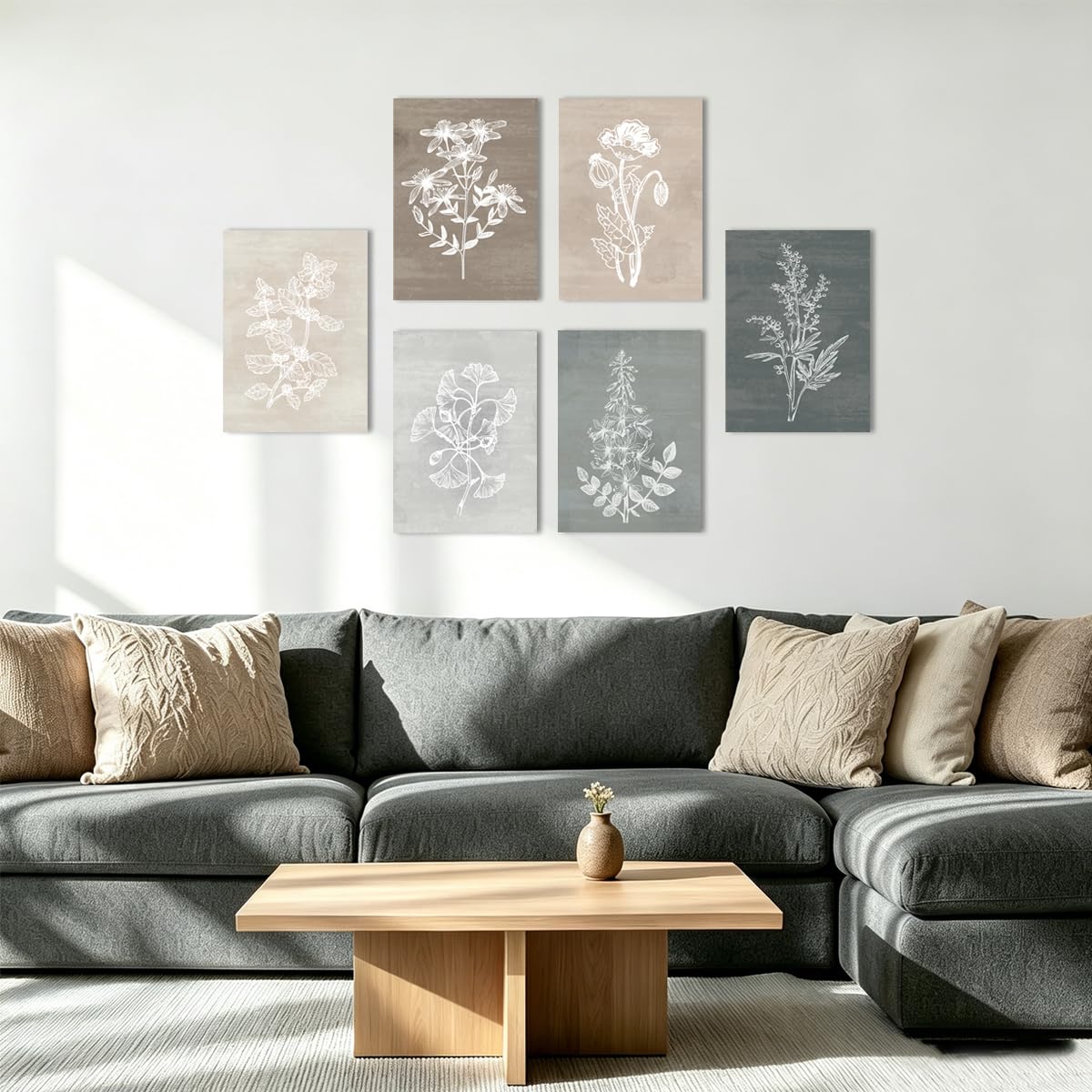 BINCUE Neutral Botanical Plant Canvas 6 Pieces Wall Art Rustic Wall Decor Farmhouse Wall Paintings Botanical Prints Simple Plants Wall Pictures Minimalist Flower Decor for Living Room Bedroom Bathroom Office Dining Room 12"x 16"