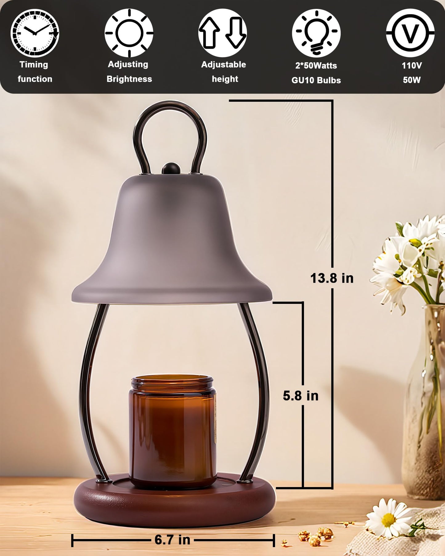HONGZZI Candle Warmer Lamp with Timer - Adjustable Brightness & Glass Shade - Wooden Base with 2 Bulbs Included (Black)