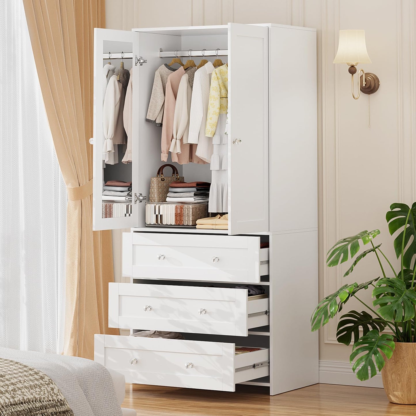 VOWNER Armoire Wardrobe Closet with Drawers and Mirror, 71" Clothing Storage Cabinet with Hanging Rod, 2 Doors Wooden Wardrobe Cabinet for Bedroom, Large Capacity Storage
