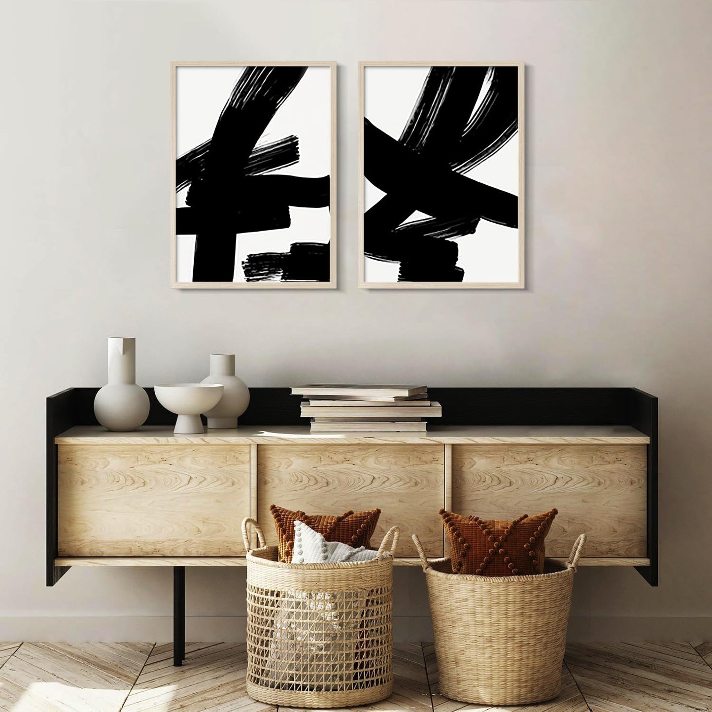 Abstract lines Canvas Wall Art 2Pcs Framed Modern Minimalist Prints Brush Stroke Gallery Picture Posters Living Room Bedroom Office 12x16 Inch Ready to Hang