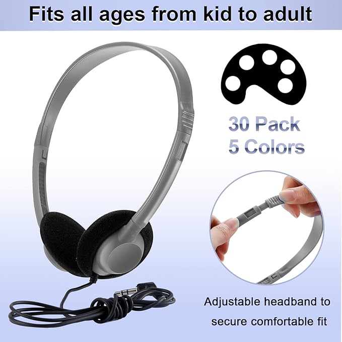 Yunsailing 30 Pack Class Set Headphones for Students Bulk School Headsets Earphones with 3.5mm Jack Classroom Must Haves Teacher Supplies for Adults Laptop Computer(Bright Color)