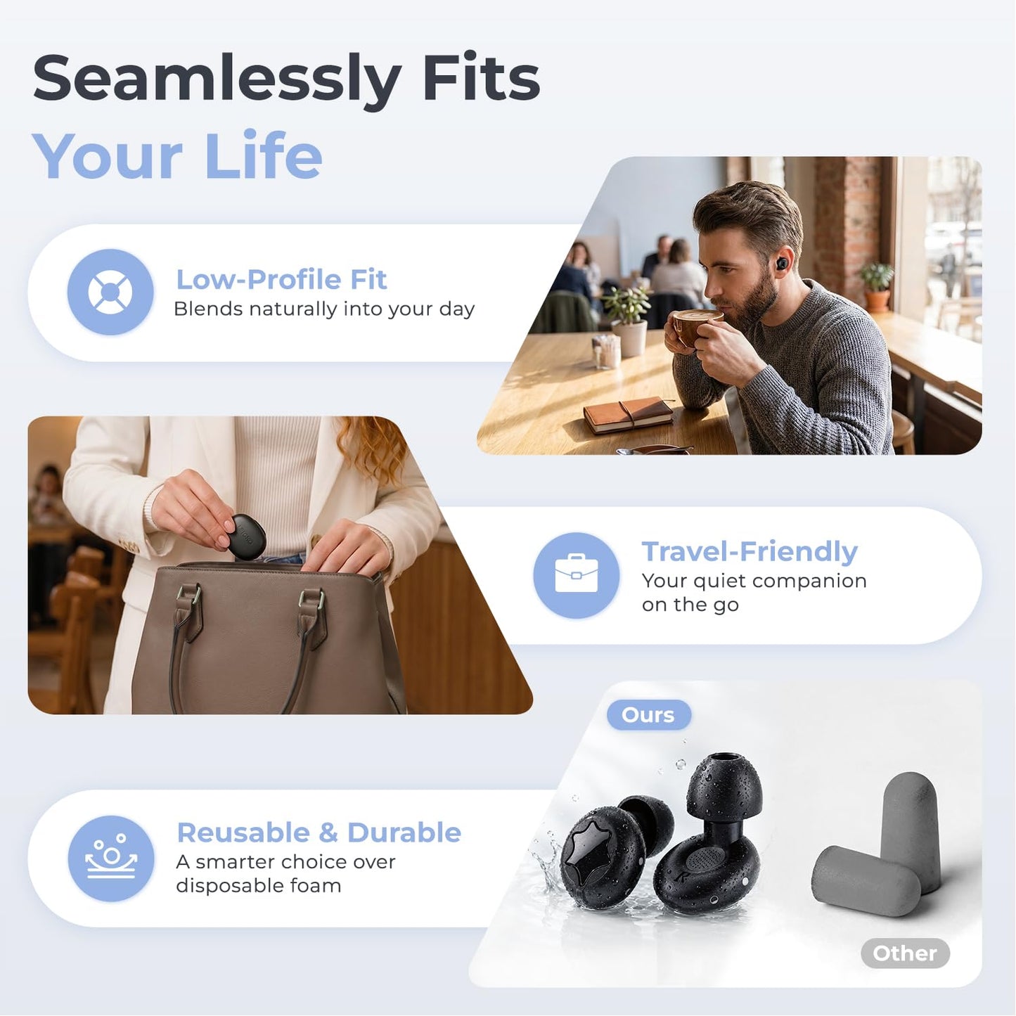 Adjustable Ear Plugs with 3 Noise Relief Modes, Earplugs are Perfect for Focused Work, Sleep, Socializing, Travel and Daily Use, Enabling Multi-Scenario Usage. Reusable Earplugs 14-31 dB Reduction.