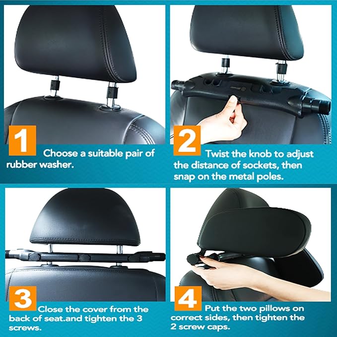 JZCreater Car Headrest Pillow, 180°Adjustable Head Neck Support Pillow, U- Shaped, Travel Sleeping Car Headrests, Only for Car Seat Headrest with 2 Metal Poles， Not for Fixed or Integrated headrests