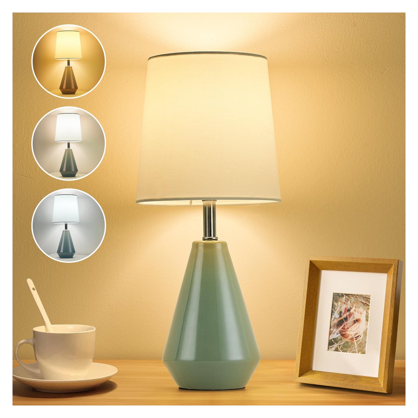 bdayanx Small Bedside Table Lamp for Bedroom - Reading Desk Lamp with 3 Color Temperatures，15.5" Nightstand Ceramic Lamp with Fabric Shade for Kids Room,Living Room,Dorm,Home Office (Green+White)