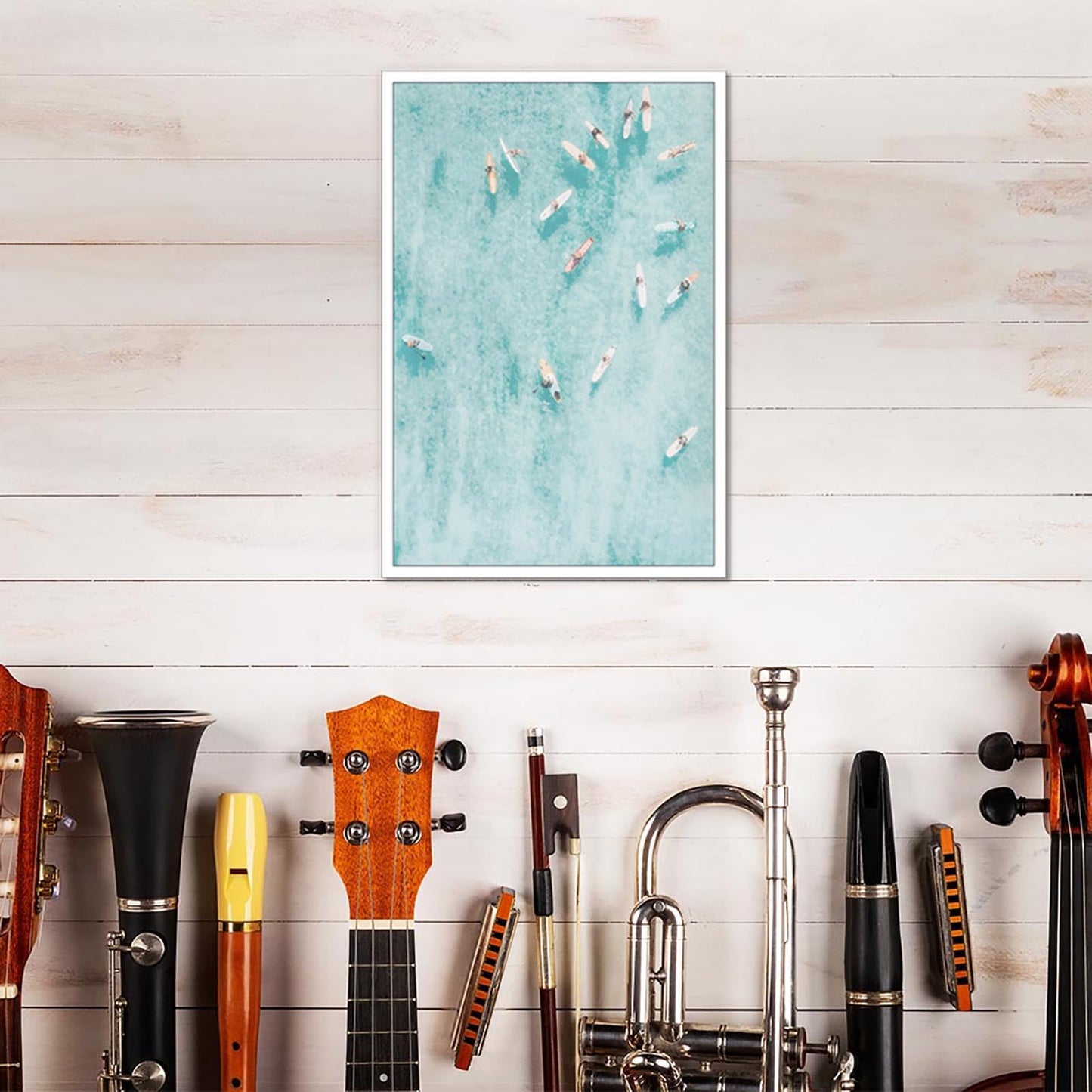 Serene Ocean Art Print - Minimalist Surfers Gliding On Calm Waves, Abstract Coastal Canvas Wall Decor For Home Office & Coastal Bedroom Decor 12x16in Unframed