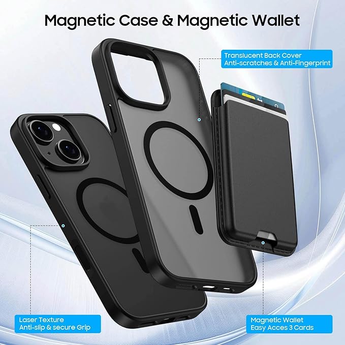 Ntwinro Magnetic for iPhone 14 Plus & iPhone 15 Plus Case (Compatible with MagSafe) with Detachable Wallet & Card Holder for 3 Cards [RFID Blocking] Military Grade Protective Slim Phone Cover, Black
