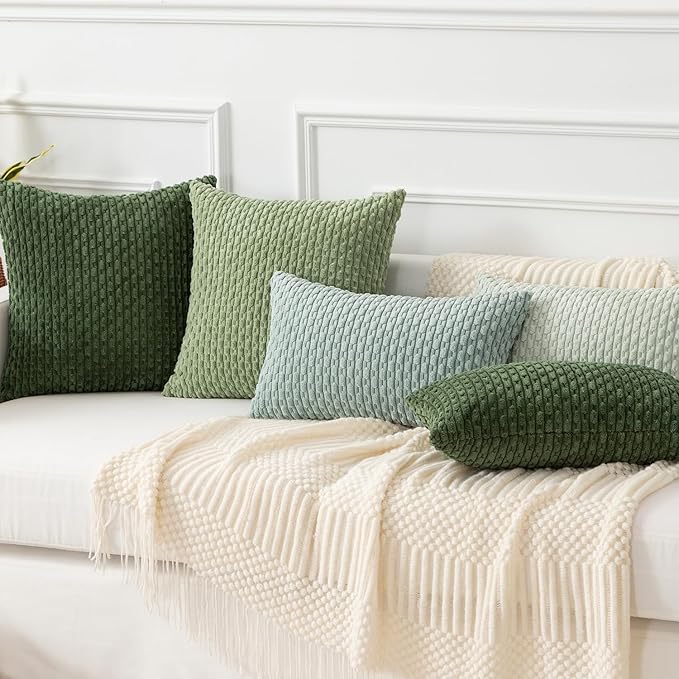 Kevin Textile 2 Packs Spring Sage Green Euro Farmhouse Decorative Throw Pillow Covers 26x26 Inch for Living Room Couch Bed Sofa Rustic Boho Home Decor Soft Striped Corduroy Square Cushion Case