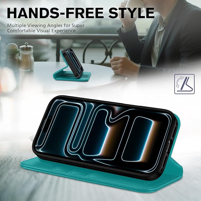 TUCCH Case Wallet for iPhone 17 Pro Max (6.9-Inch) 2025, 3 Card Slots | Kickstand | RFID Blocking | PU Leather | Protective Flip Folio Cover | TPU Shockproof Interior Shell | Cyan