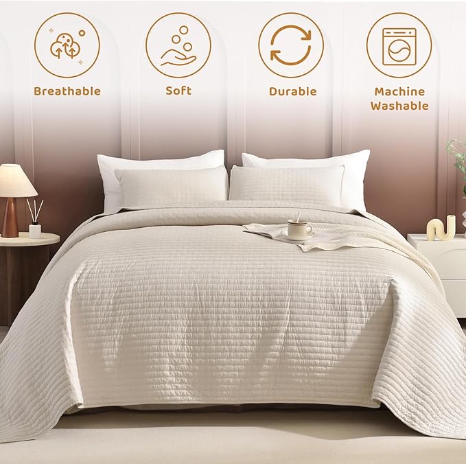 Sanracie Oversized Queen Bedspread Set 102"*118", 100% Cotton Wheat Colored Extra Large Wide Queen Quilt Bed Set Soft and Cozy Cloud Lightweight Quilts for All Season