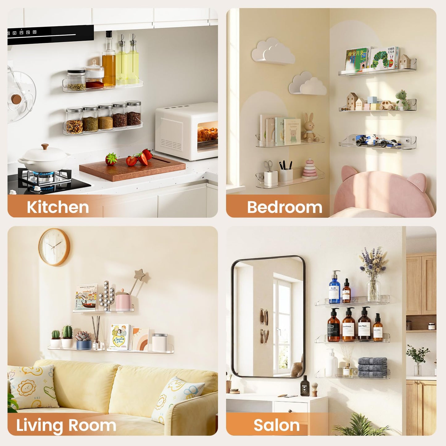 SpaceWhisper Floating Shelves for Wall, 6-Pack 15" Wall Shelves for Bathroom, Bedroom, Kitchen, Living Room, Display Hanging arcylic Shelf Organizer for Book, Picture Ledge, Room Decor (Clear)