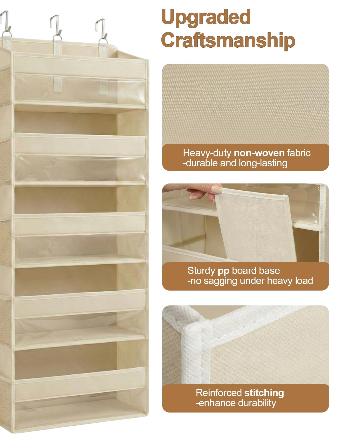 Hasosodo Over the Door Organizer 5-Shelf Closet Hanging Storage with 10 Mesh Pockets, 50 lbs Weight Capacity Door Organizer Hanging for Bathroom, Bedroom, Baby Nursery and Pantry, Ivory