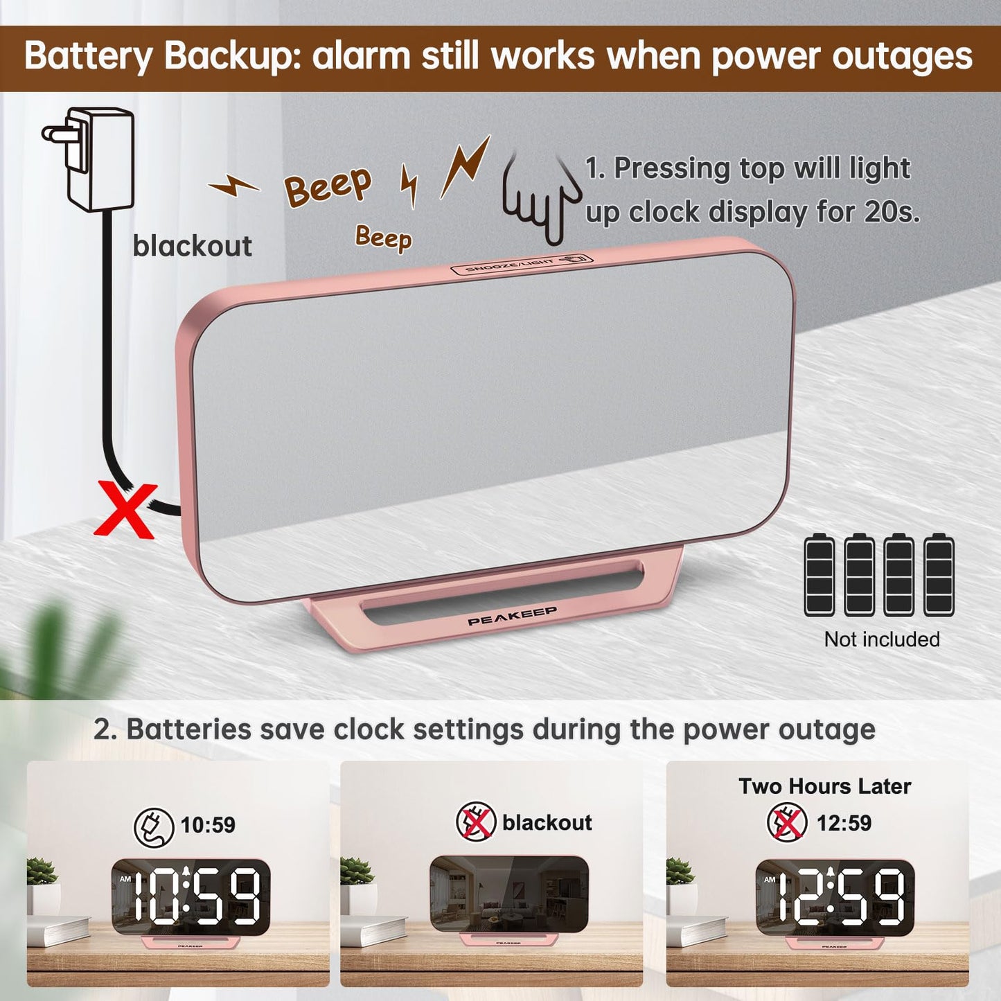 Peakeep Slim Digital Mirror Aesthetic Alarm Clock for Bedroom Living Decor, Plug in Electric Clock Big LED Modern Small Table Clock for Office Desk, Battery Backup, 6 Dimmers (Rose Gold)