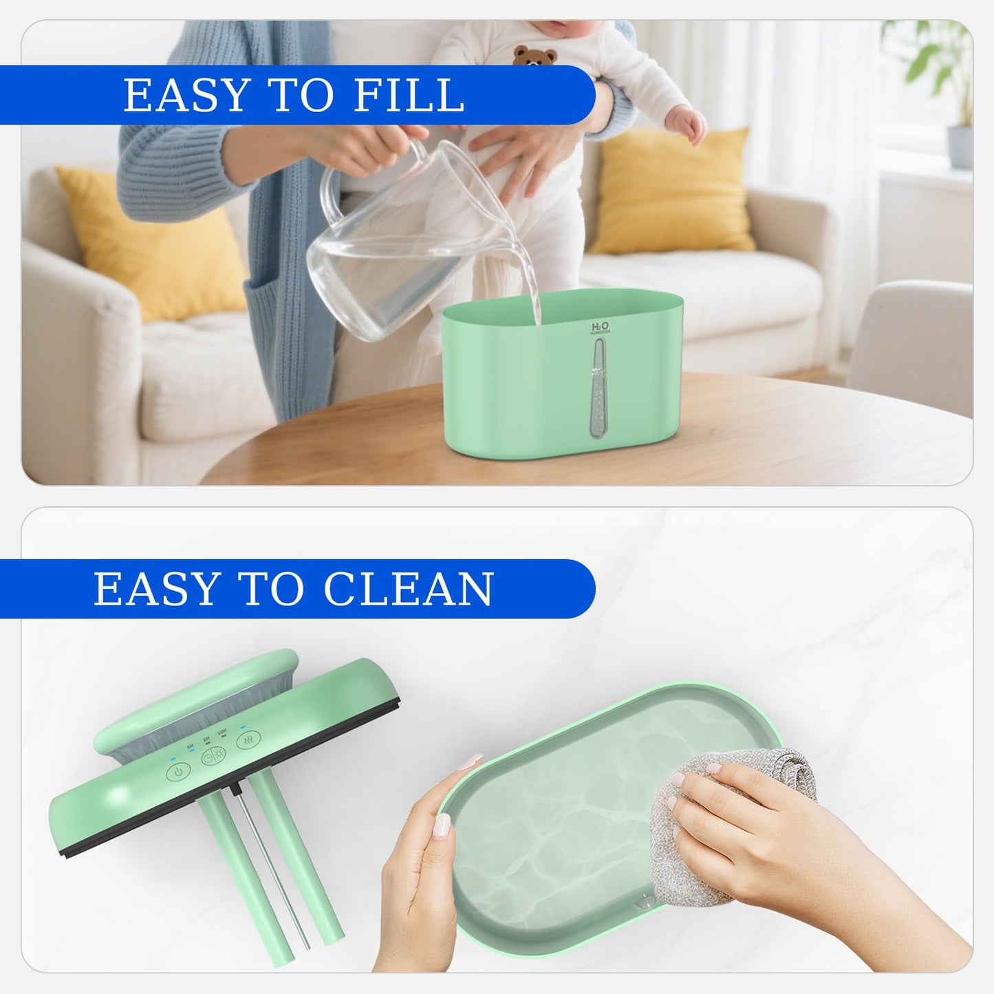 HZD Humidifiers for Bedroom 2L Large Tank for Long Runtime, Gentle Mist 26dB Quiet Runtime Easy to Fill & Clean Can Timed Humidifier for Home, Baby, Nursery, Plants, Night Light (Green)