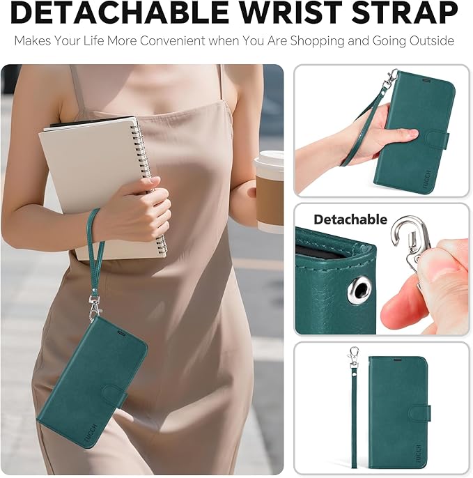 TUCCH Removable Case Wallet for iPhone 17 Pro (6.3") 2025, Detachable Wrist Strap, Wireless Charging, Stand, 4 Card Slots RFID Blocking, 2-in-1 Magnetic, PU Leather Shockproof Cover, Teal Blue