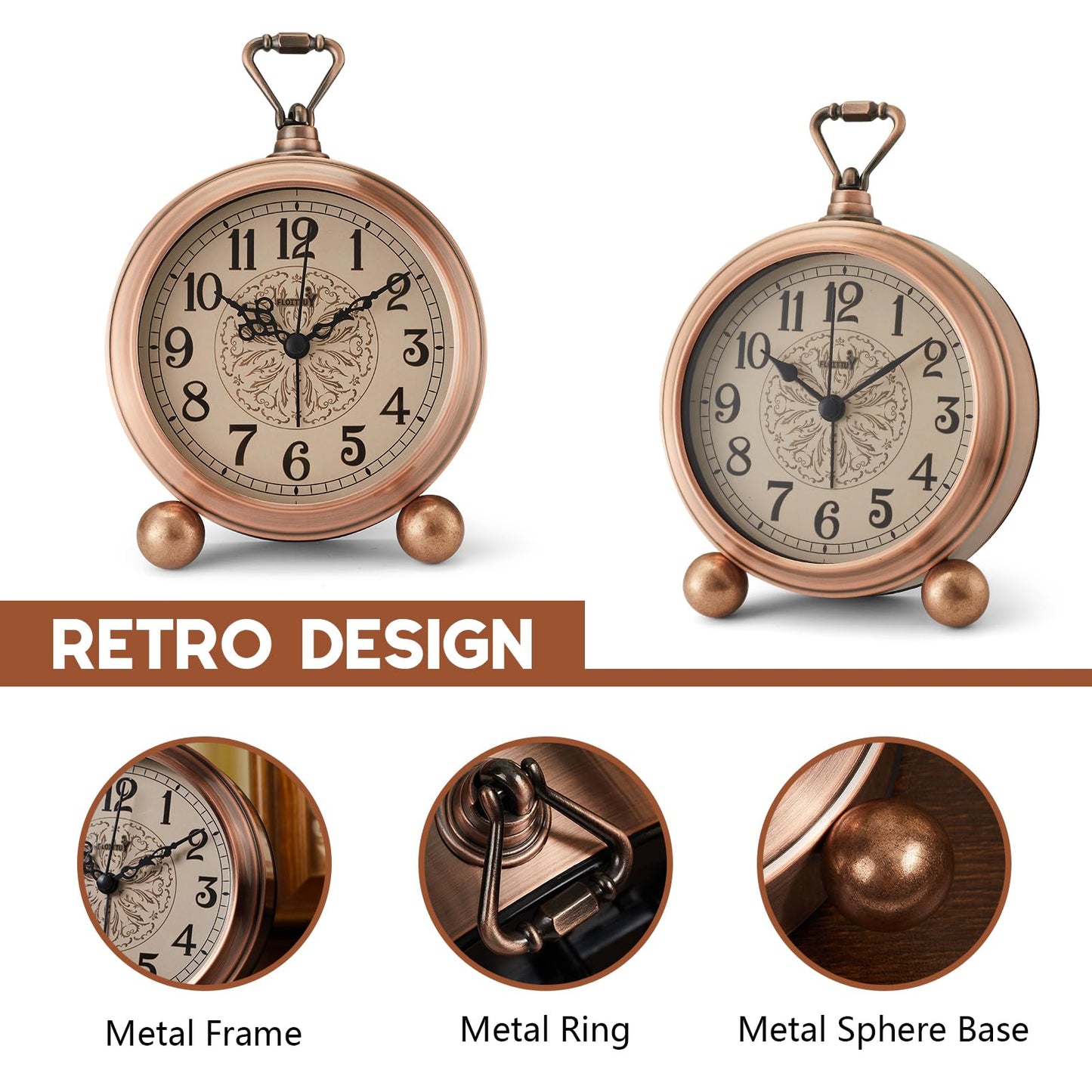 FLOITTUY 4.5" Battery Operated Antique Retro Analog Metal Alarm Clock, Silent Bedside Desk Clock, Wall-Hanging Vintage Clock(Exquisite Bronze)