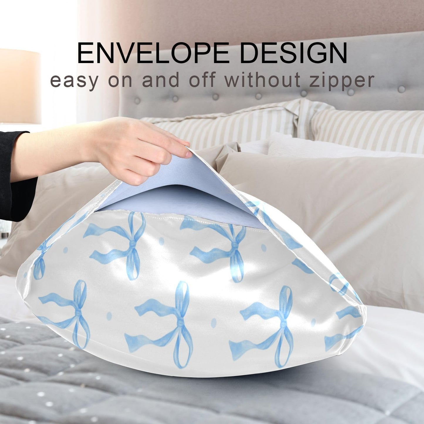 Blueangle Blue Ribbon Bow Satin Pillowcase for Hair and Skin Silk Pillowcase, Queen Size(20x30 inches) - Satin Pillow Covers with Envelope Closure