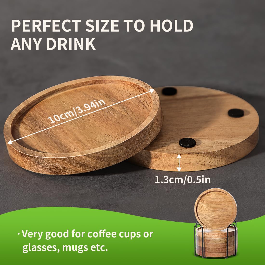 WLWNWFT Acacia Wood Coasters for Drinks with Lip 3.94in, Round Drink Coasters with Holder for Coffee Table Dining Table Wooden Table Coasters for Farmhouse Desk, Set of 6