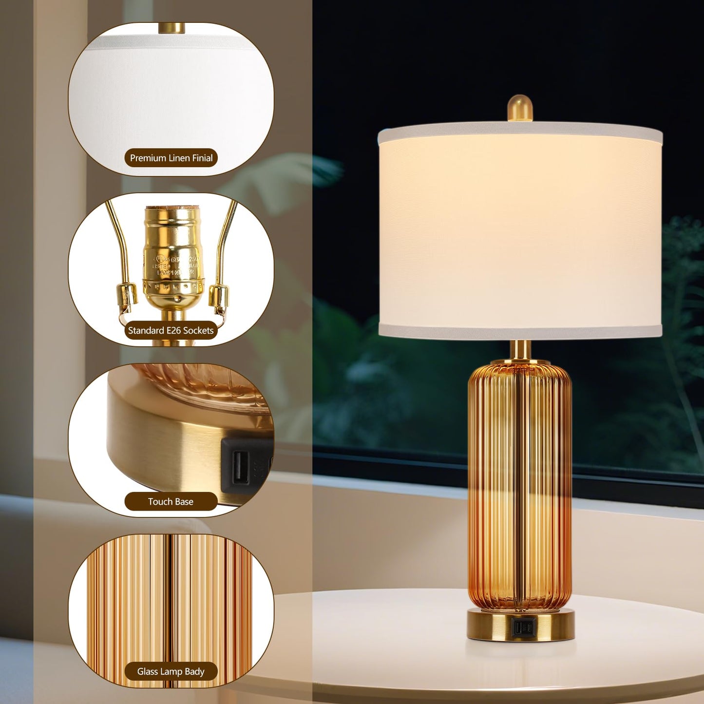 Table Lamps Set of 2 with Touch Control, 3-Way Dimmable Nightstand Lamp with Vertical Grained Glass, Bedside Table Lamps, 27" Modern Glass Bedside Lamps with USB A+C Ports, Brown Desk Lamp for Bedroom