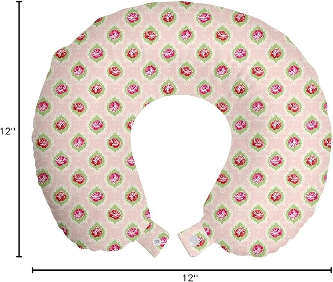 Ambesonne Shabby Flora Travel Pillow Neck Rest, Roses Damask Pattern Botanical Delicate Antique Old Fashioned Style Dotted, Memory Foam Traveling Accessory for Airplane and Car, 12", Green Magenta