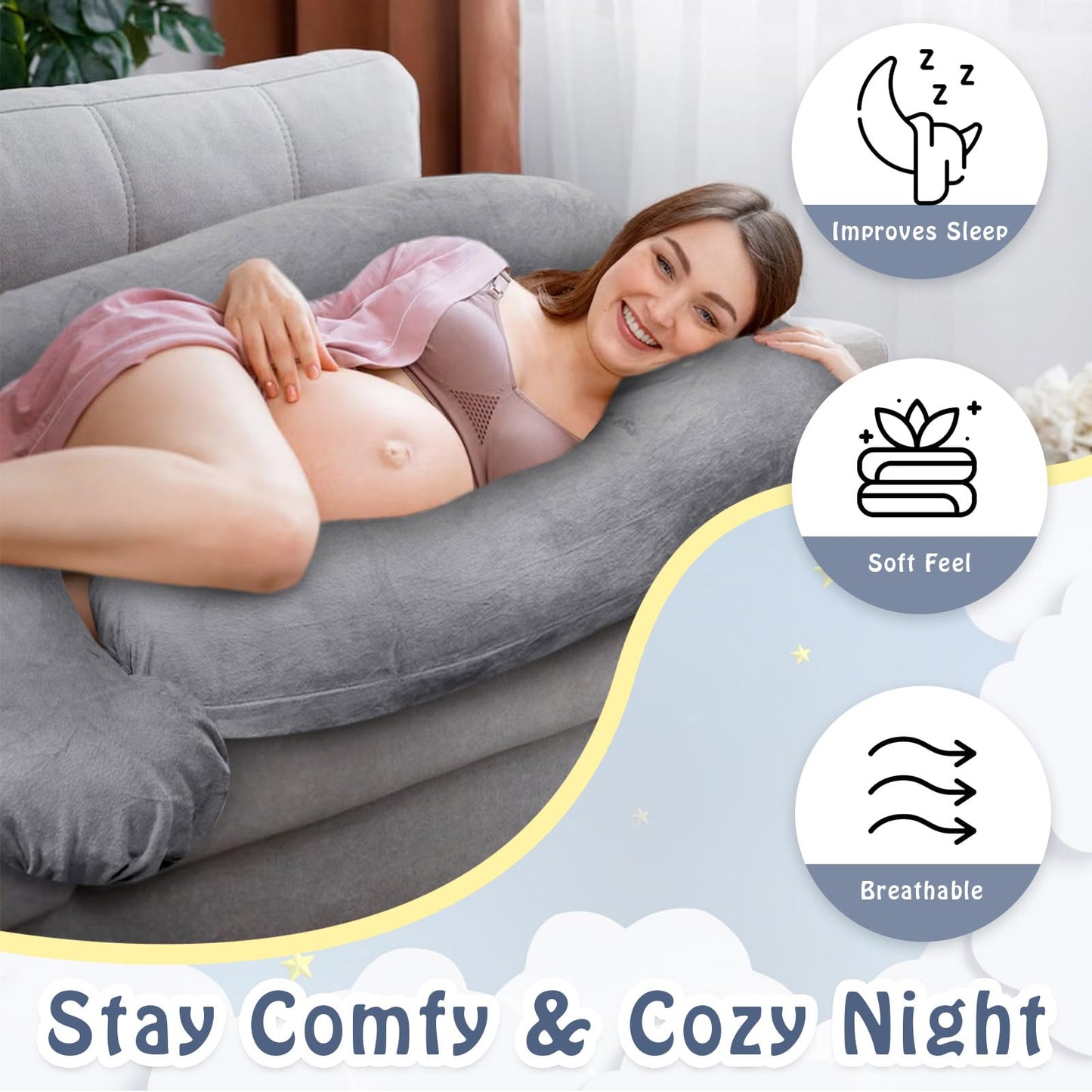 Pregnancy Pillow Cover J-shaped Replacement Pillowcase(Cover Only), Soft Full Body Pillow Case for Maternity Pillows, Provides Sleep and Pregnancy Support, 100% Velvet with Zipper, Universal Fit, Grey
