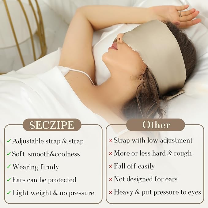 100% Mulberry Silk Sleep Mask Eye Mask for Women Man with Adjustable Band, for Side Sleeper Blackout Sleep Mask for Travel Rest and Office Large Size (Taupe)