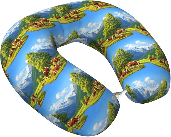 Funny Neck Pillow Support for Car Flight Rest Animal Herefords Cattle Party, Memory Foam U Shaped Decor Head Cushion for Home Outdoors Travel